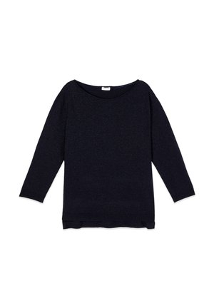 Donkerblauwe trui met lange mouwen, ronde hals, geribbelde zoom en een eenvoudige, losse pasvorm, plat neergelegd op een witte achtergrond.