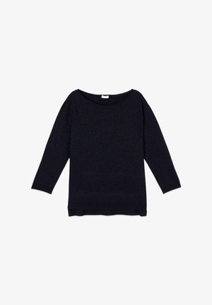 Donkerblauwe trui met lange mouwen, ronde hals, geribbelde zoom en een eenvoudige, losse pasvorm, plat neergelegd op een witte achtergrond.