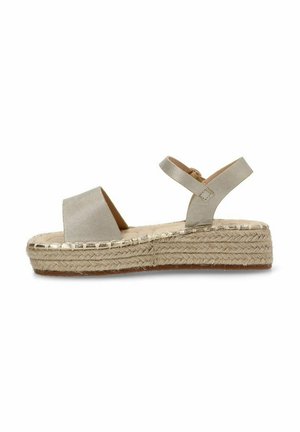 Sandalias de esparto en color beige con una plataforma de yute trenzado, que presentan una amplia tira en la parte delantera y una correa ajustable en el tobillo, con tela texturada y un color claro.