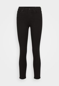 Fekete, slim szabású farmernadrág, közepes derékmagassággal, denim anyagból készült. Öt zseb, övbújtatók, valamint cipzáros, gombbal záródó elemmel rendelkezik.