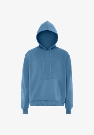Blauwe hoodie van zacht materiaal, met een trekkoordkap, een voorvak en geribde manchetten met een ontspannen pasvorm.