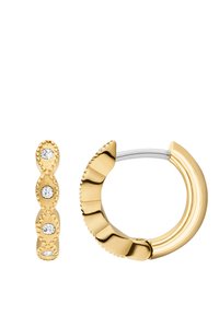 Goldene Creolen mit einem strukturierten, welligen Design und einem kleinen, schlanken Ohrcuff, der drei funkelnde Steine enthält. Glatte, polierte Oberfläche.
