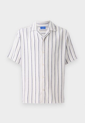 Short-sleeve collared shirt in cream with navy vertical stripes. Made of textured fabric, featuring a front button closure.