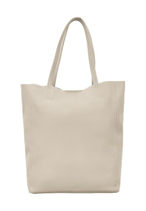 Beige leren tote tas met twee lange hengsels, eenvoudig design en zachte textuur, afgebeeld tegen een effen witte achtergrond.