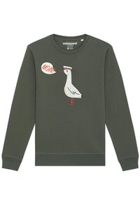Groene sweatshirt met lange mouwen, voorzien van een cartoonvogelafbeelding en een spraakballon waarin "MOIN!" staat. Gemaakt van zachte katoenmix.