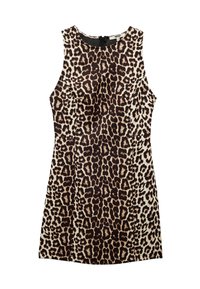 Ärmelloses Kleid mit Leopardenmuster und runder Ausschnitt. Es hat eine taillierte Passform und einen Reißverschluss auf der Rückseite, gefertigt aus einem glatten Stoff mit kontrastierenden Farben.