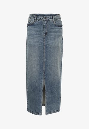 Długa spódnica dżinsowa w średnim odcieniu niebieskiego, z rozcięciem z przodu, tradycyjnym pięciopocketowym krojem oraz zapięciem na guziki w pasie.