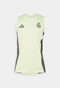 Világoszöld, ujjatlan póló sötétszürke oldalsó panelekkel, a Real Madrid címerével és az Adidas logóval, nedvességelvezető anyagból készült.
