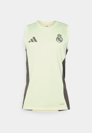 Ljusgrön ärmlös jersey med mörkgrå sidopaneler, prydd med Real Madrid-logotypen och Adidas-logotypen, tillverkad av fukttransporterande material.