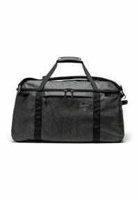 Sac de sport Herschel noir et vert foncé avec deux poignées supérieures, poche zippée sur le devant et motif de feuilles subtil sur le tissu.