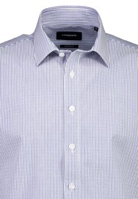 Blauw en wit gestreept overhemd met korte mouwen, met een moderne pasvorm, een button-down kraag en witte knopen op een textuurstof.