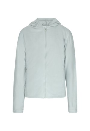Giacca in pile azzurro chiaro con cappuccio, zip intera, maniche lunghe e una superficie liscia. Design semplice, senza motivi o hardware visibili.