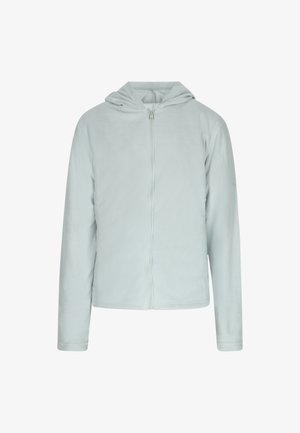 Šviesiai mėlyna fliso striukė su kapišonu, pilnu užtrauktuku, ilgomis rankovėmis ir lygaus paviršiaus. Paprastas dizainas, be matomų raštų ar detalės.