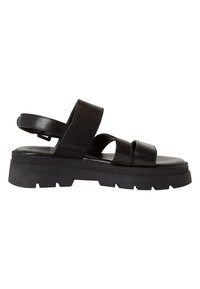Black chunky sole sandal with three wide straps, including an adjustable strap around the heel, open toe, and rugged tread sole.