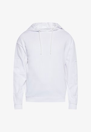 Biała bluza z kapturem, długie rękawy, z kieszenią z przodu, sznurkiem do regulacji oraz ściągaczami przy rękawach i u dołu. Gładka faktura.