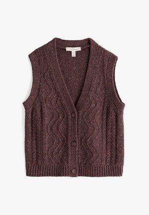 Brown knitted wool sleeveless vest with cable patterns, button front, ribbed hem, and V-neck collar.