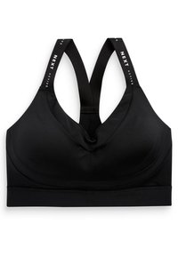 Zwarte sportbeha met een V-vormige halslijn en brede bandjes, voorzien van witte "NEXT ACTIVE" tekst op de bandjes. Glad materiaal met een aangesloten ontwerp.