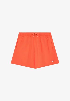 Shorts de bain oranges avec une taille élastique et un cordon de serrage. Comprend des poches latérales et un petit logo sur le devant à gauche. Texture lisse.