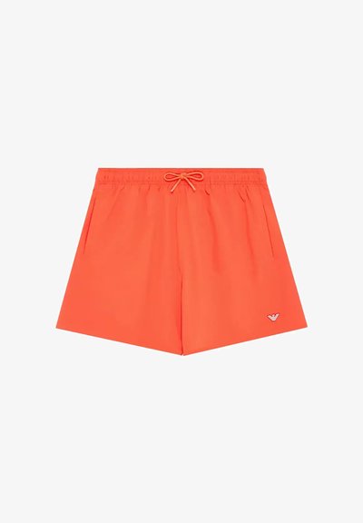 Shorts da bagno arancioni con vita elastica e cordoncino. Presentano tasche laterali e un piccolo logo sulla parte anteriore sinistra. Texture liscia.