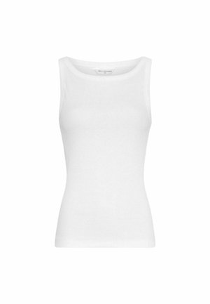 Valged laiade õlapaelte ja ümarate kaeluskujundustega varrukateta tihedaltistuv topp, valgel taustal.