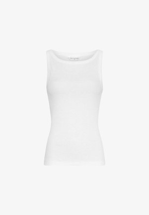 Valged laiade õlapaelte ja ümarate kaeluskujundustega varrukateta tihedaltistuv topp, valgel taustal.