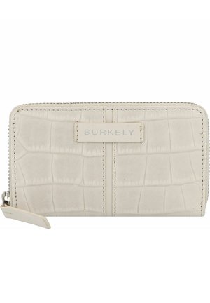Light beige wallet made of embossed crocodile-patterned material. Features a zip closure and a small tag with "BURKELY" embossed.