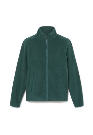Vihreä fleece-takki, jossa on korkea kaulus, täysi vetoketju ja kaksi sivutaskua. Suora rakenne, yksinkertainen muotoilu, sopii kerrostettavaksi.