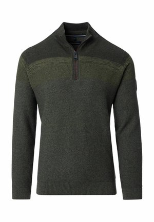 Dunkelgrüner Pullover mit einem halben Reißverschluss am Kragen, der strukturierte Strickmuster und kontrastierende Bänder über der Brust aufweist. Weiches Material und gerippten Bündchen.