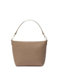 Sac en cuir texturé beige avec un design de logo estamp�é. Il présente une poignée courte et des accents en métal doré.