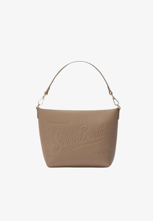 Beige strukturiert Tasche aus Leder mit einem geprägten Logo-Design. Verfügt über einen kurzen Griff und goldfarbene Hardware-Akzente.