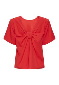 Top rojo de manga corta con escote en V y un detalle de nudo en la parte delantera. Hecho de una tela suave con un ajuste holgado.