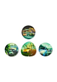 Set of four decorative plates featuring car illustrations, circular and triangular shapes, vibrant colors, glossy finish, and urban backgrounds.