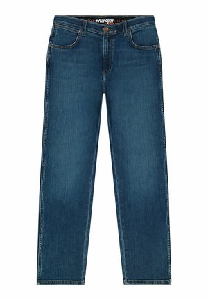 Granatowe dżinsy o prostym kroju z zapięciem na guzik, pięcioma kieszeniami i subtelnymi przeszyciami. Gładka tekstura i średni stan.