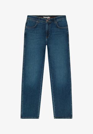 Granatowe dżinsy o prostym kroju z zapięciem na guzik, pięcioma kieszeniami i subtelnymi przeszyciami. Gładka tekstura i średni stan.