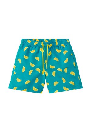Short de bain turquoise avec motif de tranches de citron jaune, taille élastique et cordons jaunes.