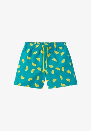 Short de bain turquoise avec motif de tranches de citron jaune, taille élastique et cordons jaunes.