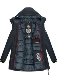 Navy blue insulated jacket with a quilted interior, red accents, a hood, and multiple inner pockets, featuring a brand logo and tag.