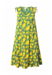 Robe sans manches, décolletée en V, en tissu vert avec un imprimé de feuilles jaunes, avec des liens réglables aux épaules et une forme fluide et évasée.