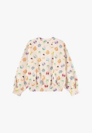 Sudadera en color crema que presenta una variada exhibición de patrones de postres, incluidos cupcakes y macarons, con un cuello redondo acanalado y una cintura elástica.