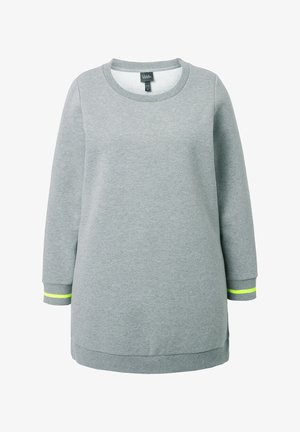 Grauer Pullover aus weichem Material, mit langen Ärmeln, rundem Ausschnitt und neongrünen Akzenten an den Ärmeln. Einfaches Design, entspannte Passform.