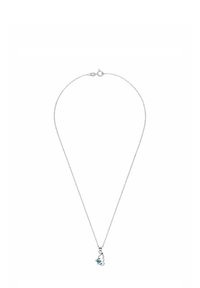 Delicate silver chain necklace with a butterfly pendant featuring blue and clear gemstones, secured with a spring ring clasp.