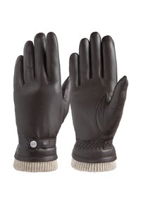 Brune læderhandsker med ribbede beige strikkanter, der har et fletdesign og et cirkulært logoakcent, designet til varme og komfort.