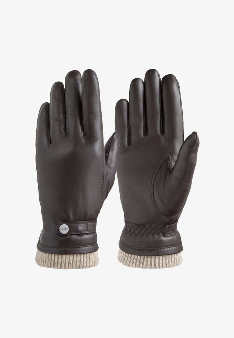 Brune læderhandsker med ribbede beige strikkanter, der har et fletdesign og et cirkulært logoakcent, designet til varme og komfort.