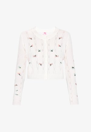 Cardigan alb tricotat cu broderie florală în roz și albastru. Are guler rotund, mâneci lungi și închidere cu butoane în față.