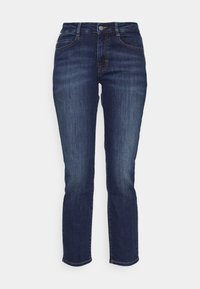 Tmavě modré džíny s rovnými nohavicemi, s pěti kapsami, poutky na pás a zapínáním na zip.