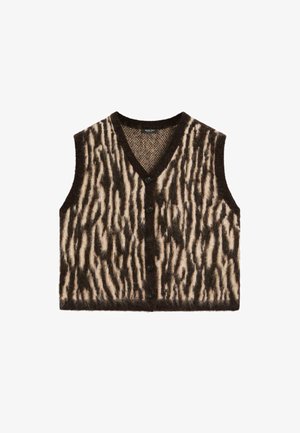 Strickweste ohne Ärmel mit einem braun-creamfarbenen Zebra-Streifenmuster, V-Ausschnitt und fünf Vorderknöpfen. Weiches, strukturiertes Material.