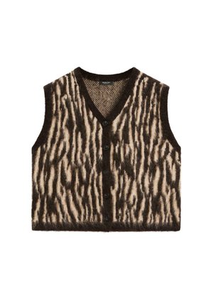 Gilet senza maniche marrone e crema, caratterizzato da un motivo a righe testurizzato, una scollatura a V profonda e cinque bottoni frontali. Materiale morbido simile alla lana.