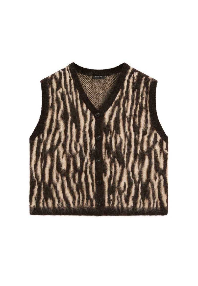 Brun och krämfärgad ärmlös väst med en texturerad, randig design, djup V-ringning och fem knappar framtill. Mjuk, ulliknande material.