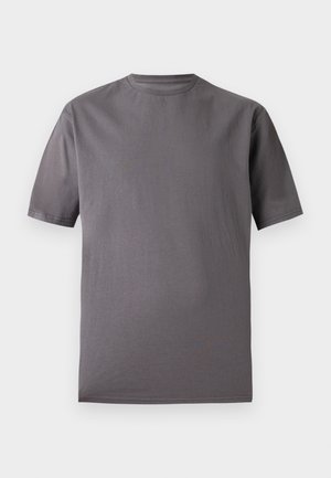 Απλό κοντομάνικο μπλουζάκι σε σκούρο γκρι χρώμα με στρογγυλή λαιμόκοψη, απλωμένο επίπεδα σε λευκό φόντο.