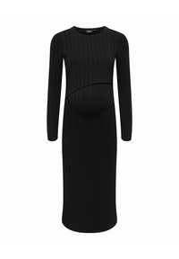Abito premaman nero a costine con maniche lunghe e cucitura frontale curva, progettato per una silhouette aderente. Tessuto morbido.